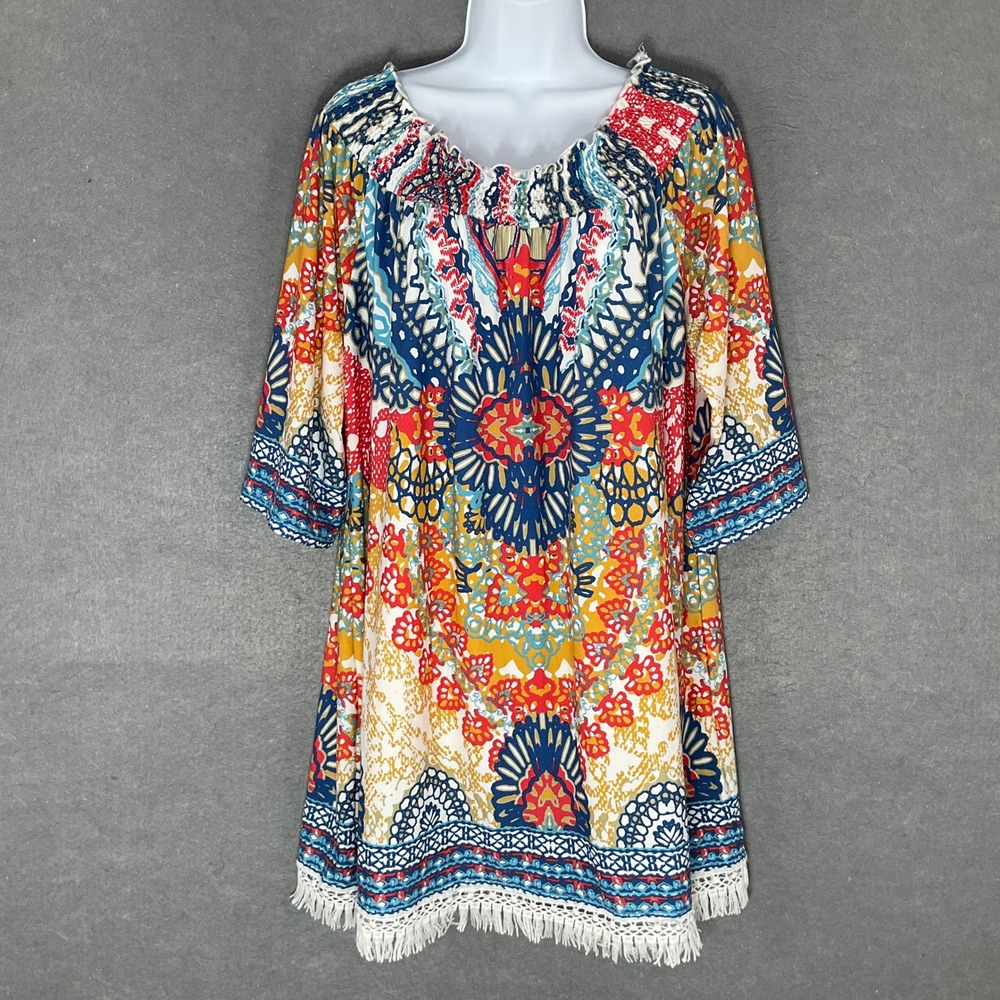 Calessa Dress Womens XL Colorful Hippie Fringe Trim Boho Bohemian Festival